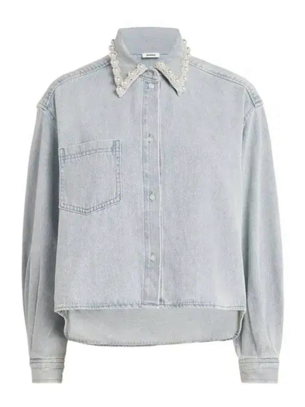 Sandro Light Blue cropped denim shirt with pearl collar details - Picture 5 of 6